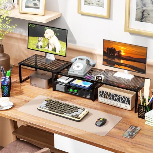 Black Dual Metal Monitor Stand Riser with Drawer and Pen Holder N754