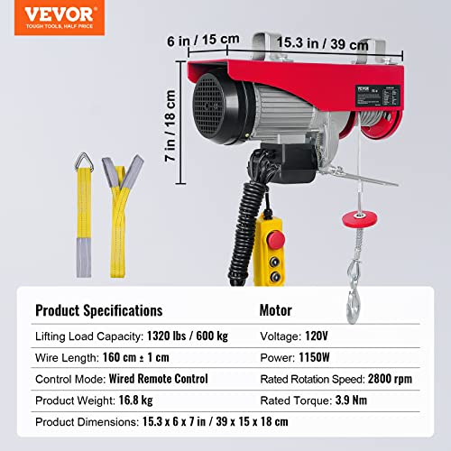 2200 lbs 1600W 110V Electric Steel Wire Winch with Wireless Remote Control 40ft Single Cable Lifting Height T102