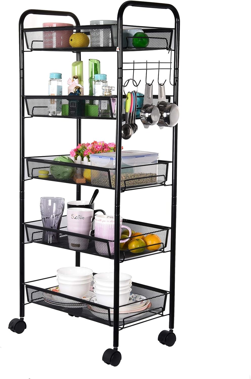 5-Tier Metal Mesh Rolling Utility Cart with Lockable Wheels, Black I397008
