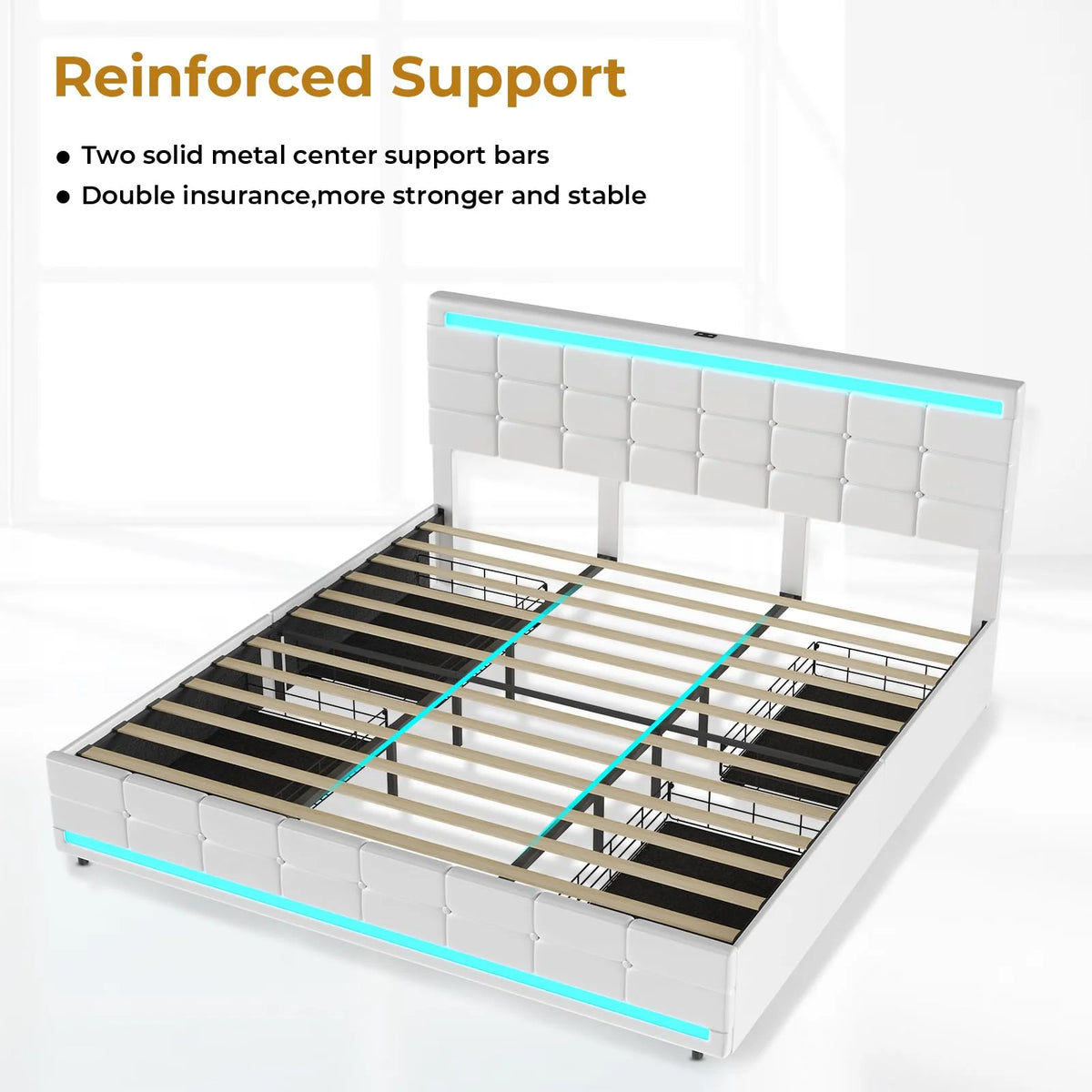 King Bed Frame with Storage Drawers, LED Lights, USB Port, White K4474