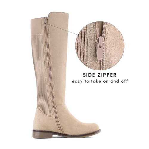 Knee High Boots Flat Low Heel Stretchy Round Toe with Side Zipper A936