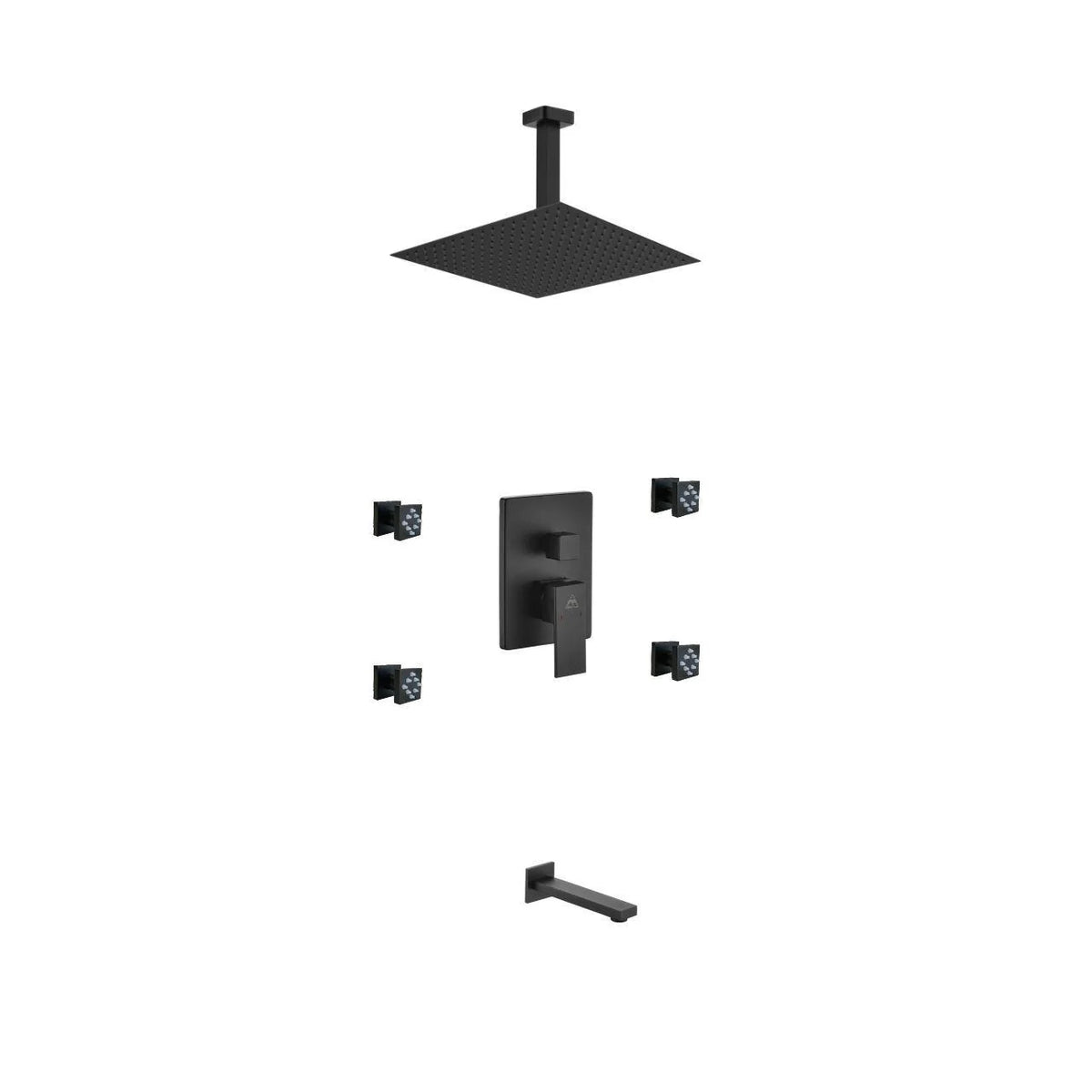 Matte Black Shower Set with Rain Shower, Tub Filler and 4 Body Jets B268
