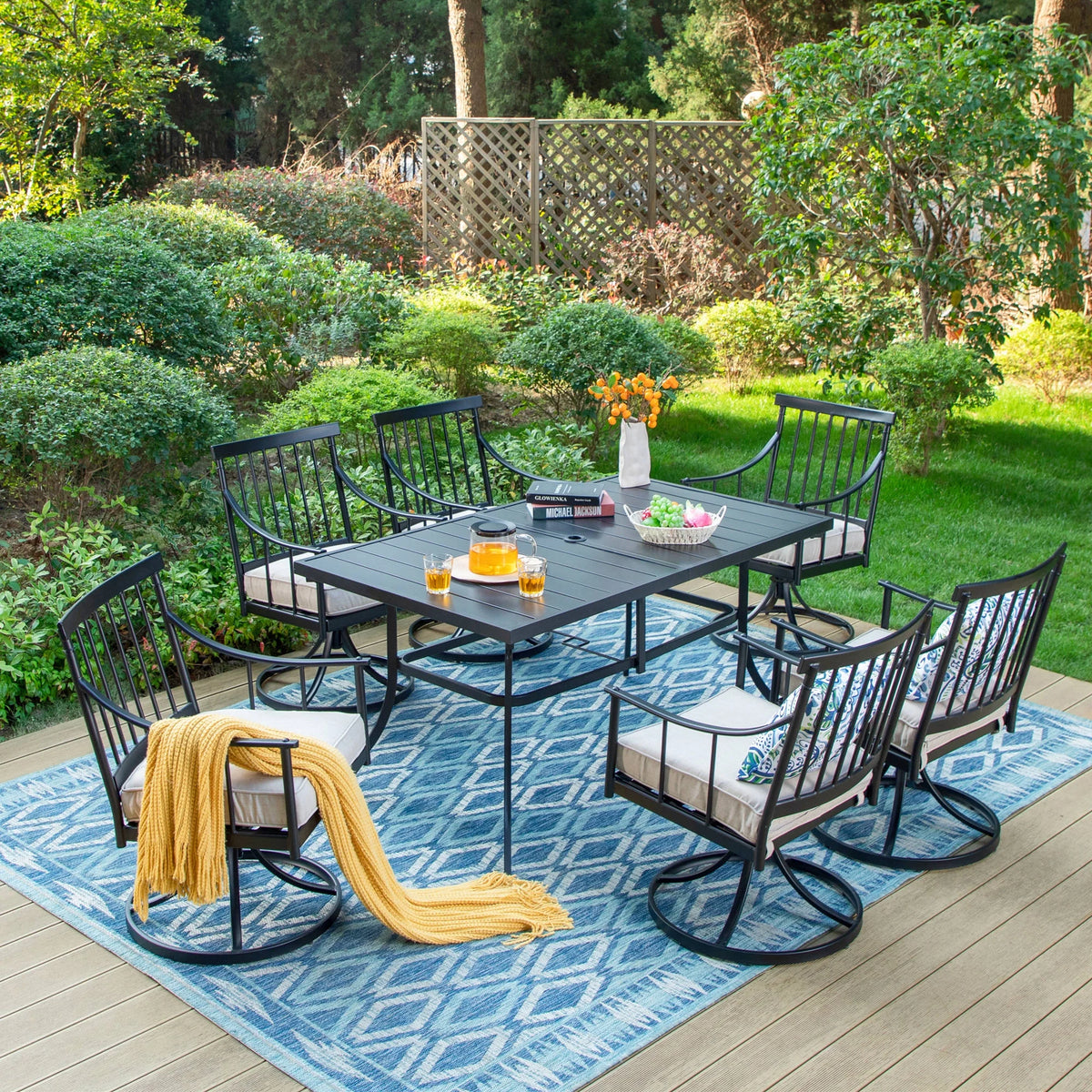 7-Piece Outdoor Dining Set with 6 Swivel Cushioned Chairs & Rectangular Table B175