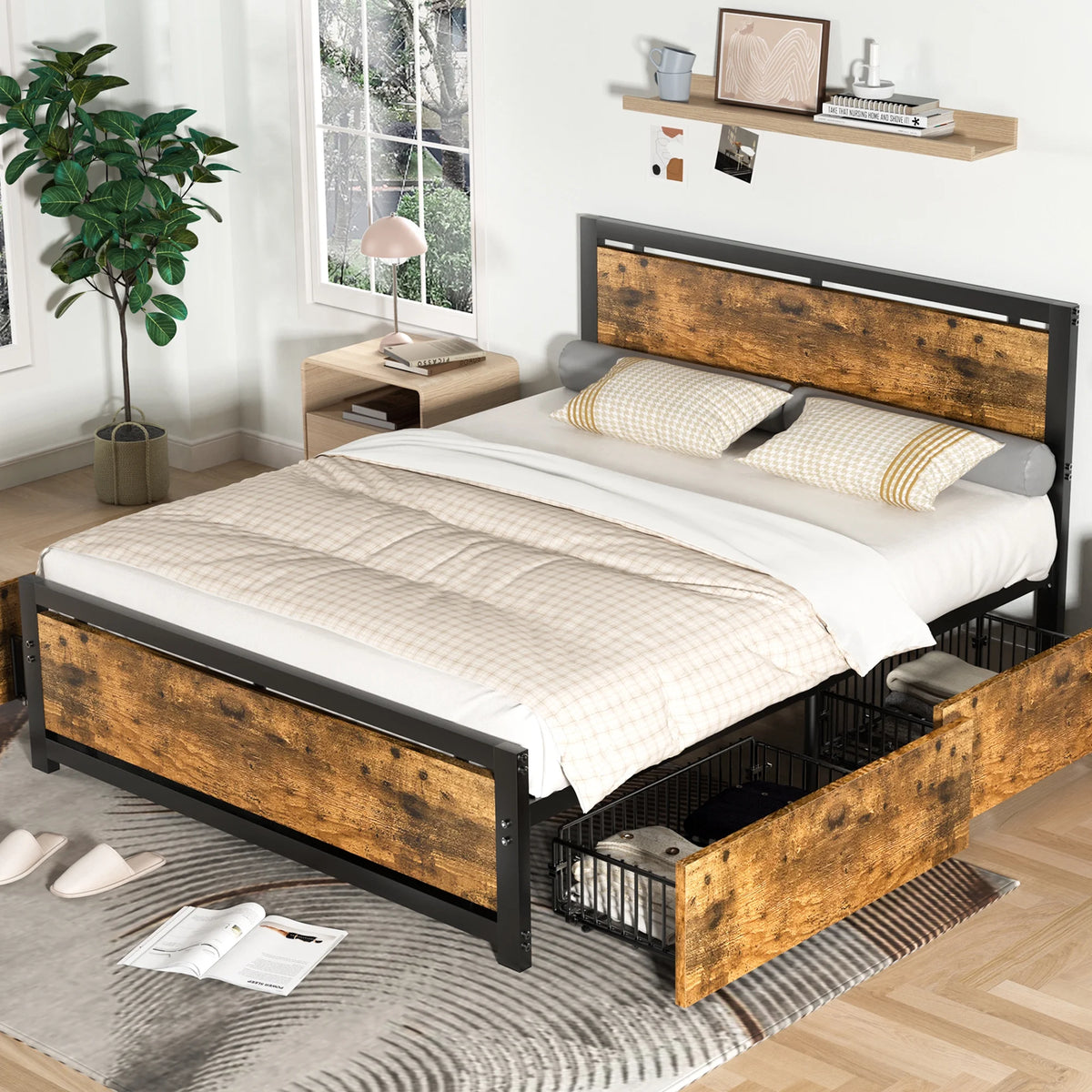 Queen Size Platform Bed Frame with 4 Drawers Y95606