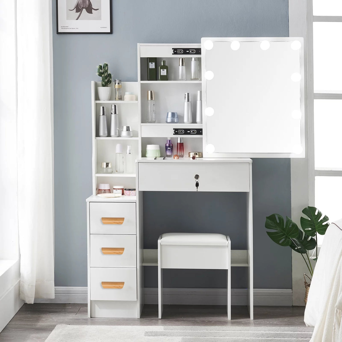 White Makeup Vanity Desk with Mirror and Lights F5986