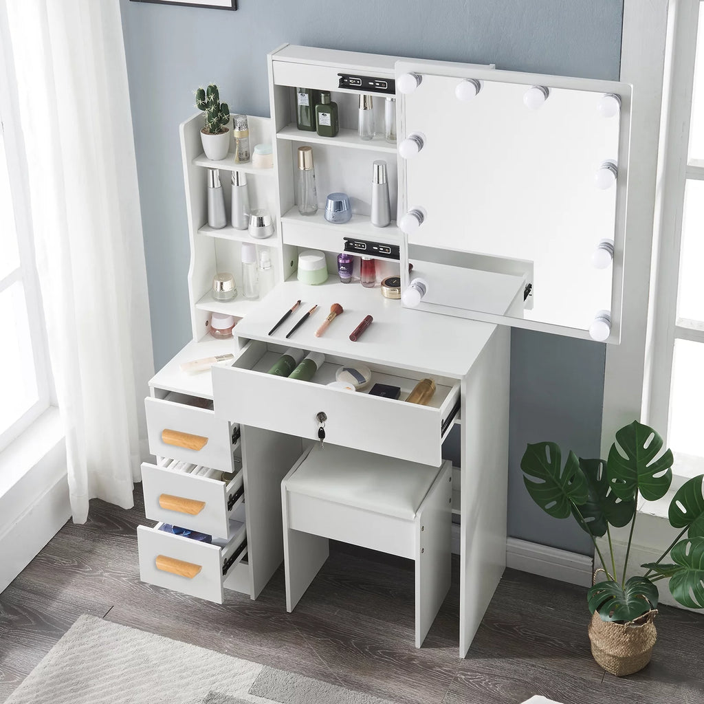 White Makeup Vanity Desk with Mirror and Lights F5986
