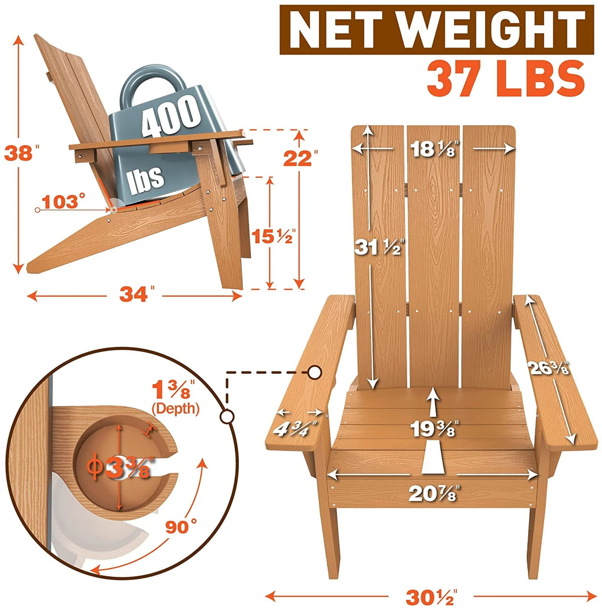 Black HIPS Adirondack Chair with Cup Holder, Set of 4 Z971127
