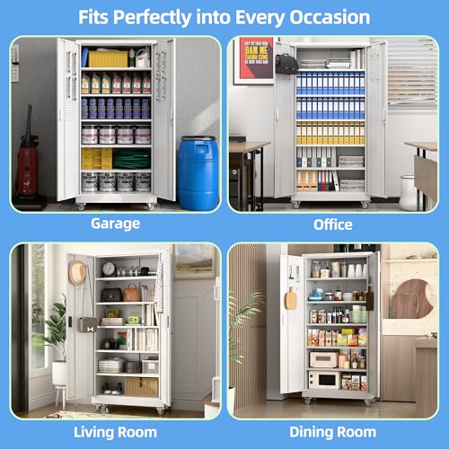 Lockable Metal Garage Storage Cabinet with Wheels and 4 Adjustable Shelves F690