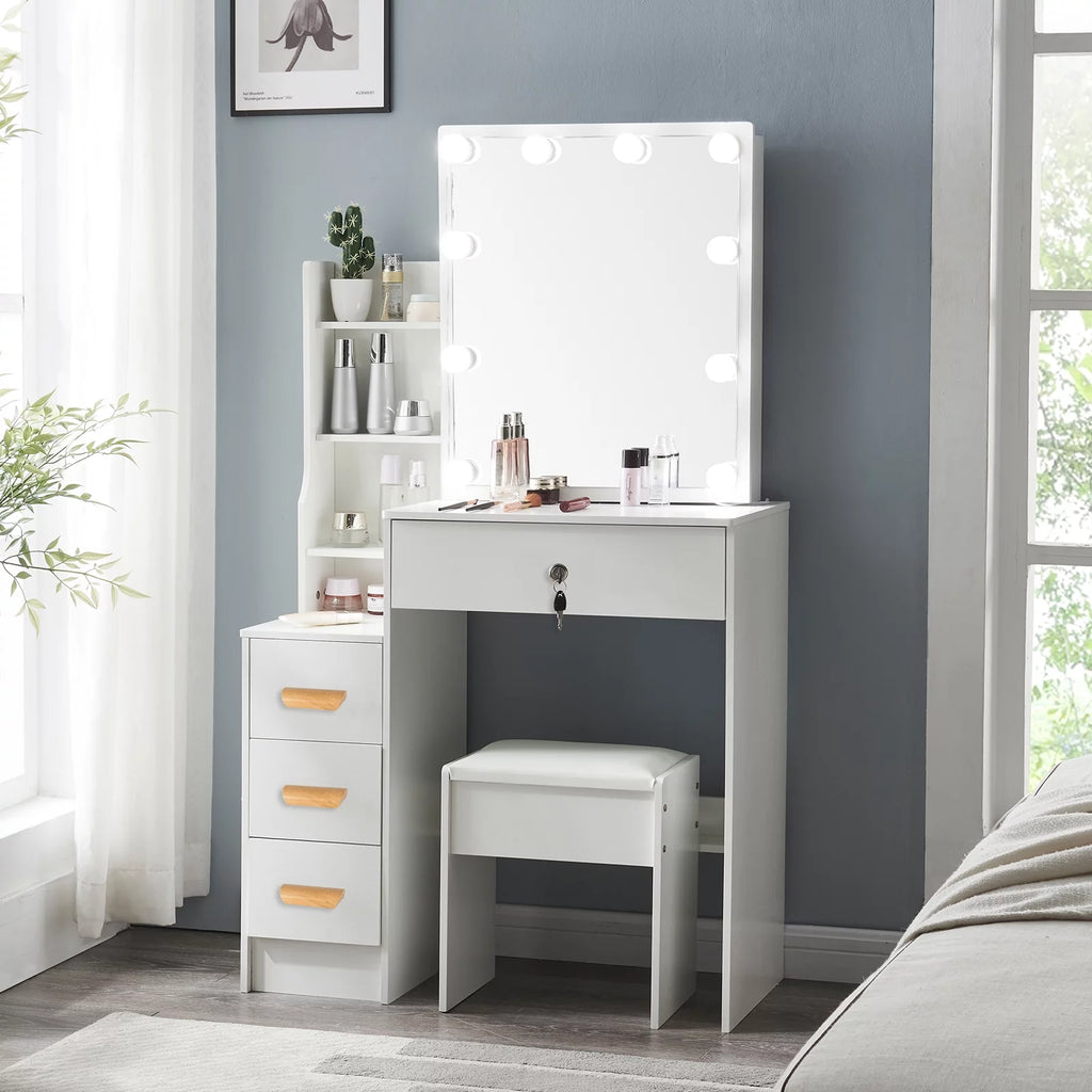 White Makeup Vanity Desk with Mirror and Lights F5986