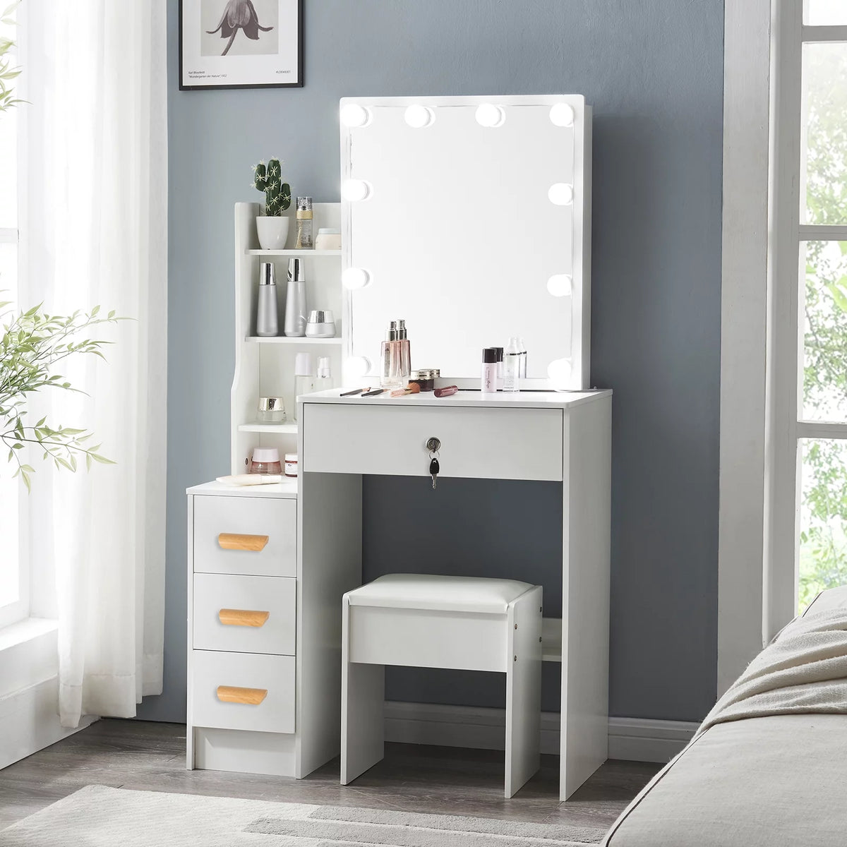 White Makeup Vanity Desk with Mirror and Lights F5986