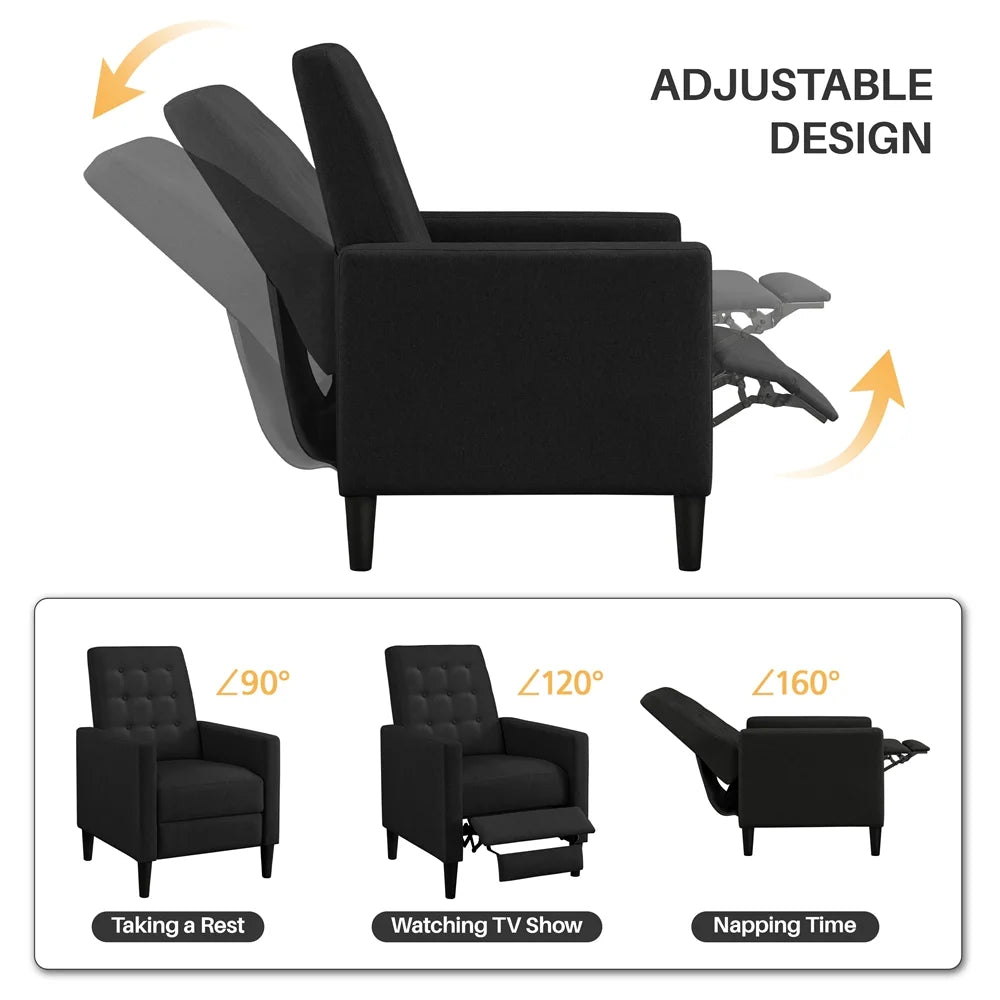 Black Fabric Tufted Recliner Chair with Adjustable Back & Footrest Y176490