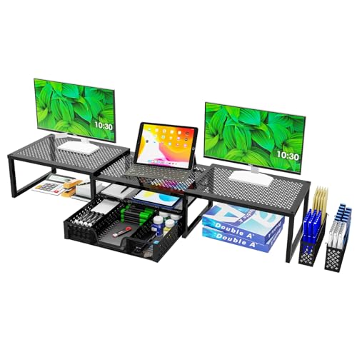 Black Dual Metal Monitor Stand Riser with Drawer and Pen Holder N754