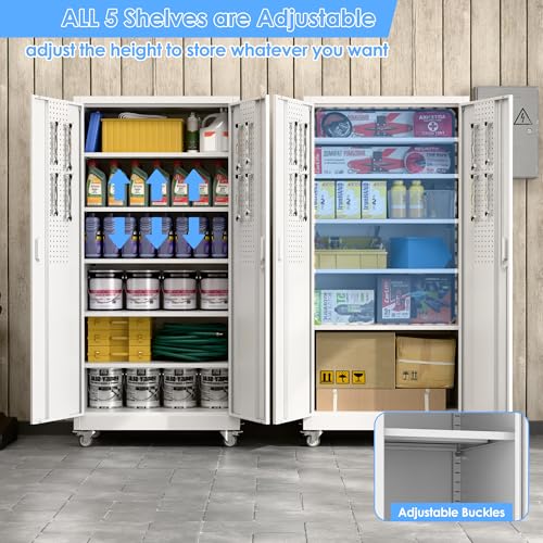 Lockable Metal Garage Storage Cabinet with Wheels and 4 Adjustable Shelves F690