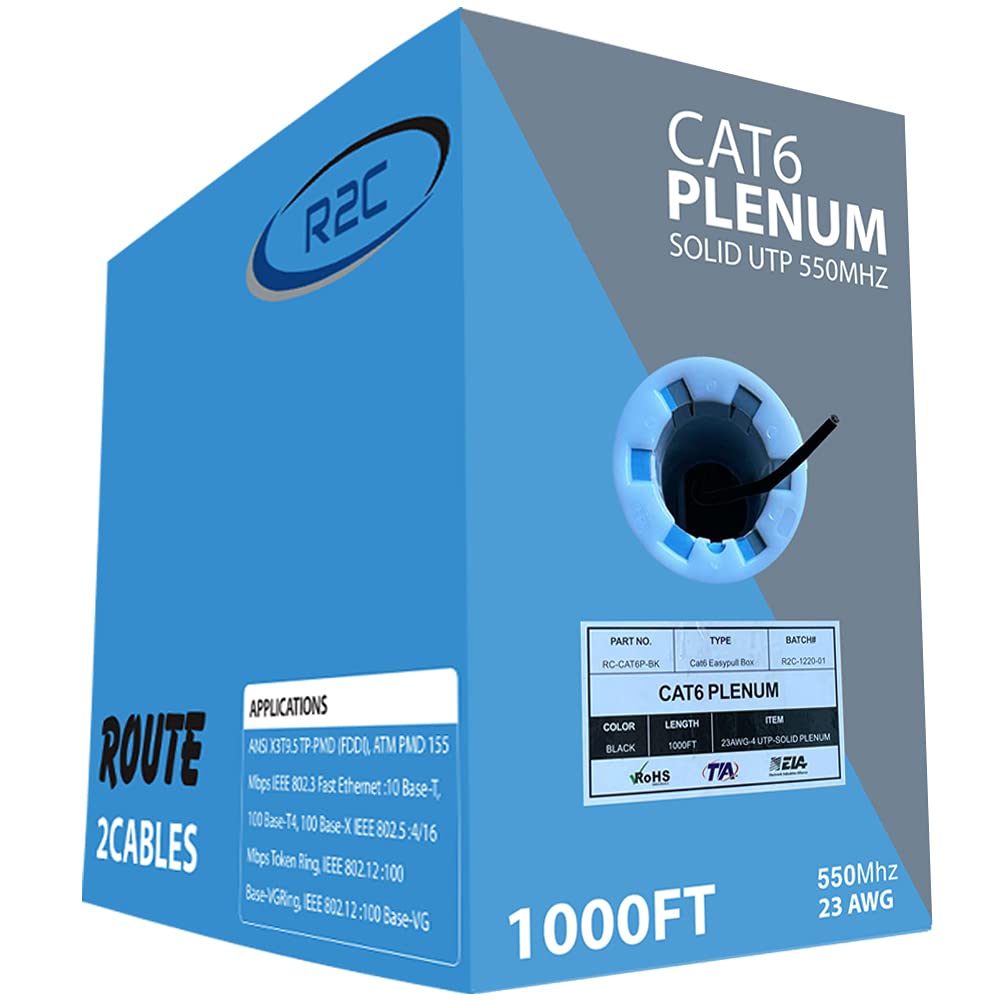 Cat6 Ethernet Cable 1000ft, Plenum-Rated, 23AWG, 4 Pair, 550MHZ UTP CMP Cable I4553