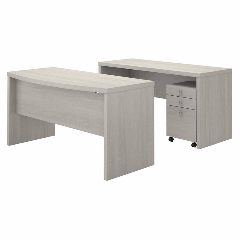 Bow Front Desk and Credenza with Mobile File Cabinet in Gray Sand D248100
