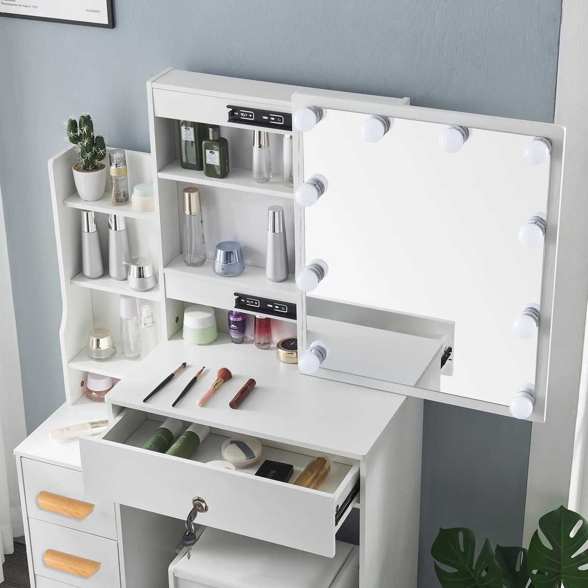 White Makeup Vanity Desk with Mirror and Lights F5986