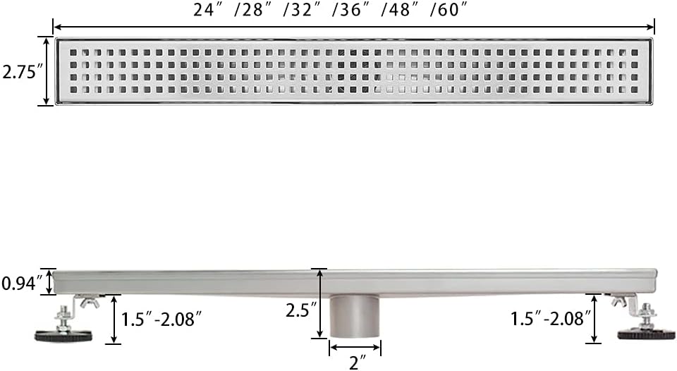 Brushed 304 Stainless Steel 12 inch Linear Shower Drain with Removable Grid Panel O441