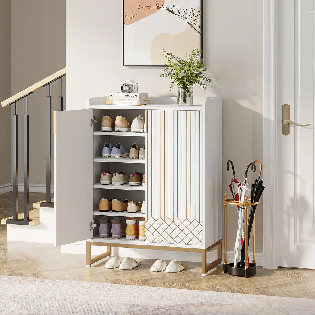 White and Gold 25 Pairs 5-Tier Shoe Cabinet D741956