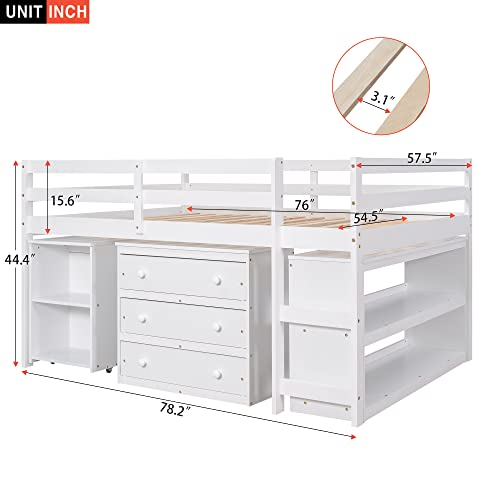 White Full High-Grade Pinewood Low Study Loft Bed with Desk, Cabinet, Bookshelf, Rolling Portable Desk, Full-Length Guardrail T412426