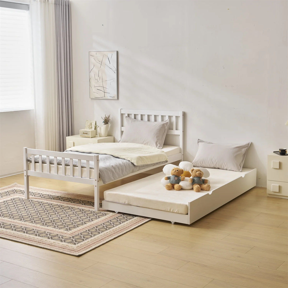White Twin Bed with Trundle L17370