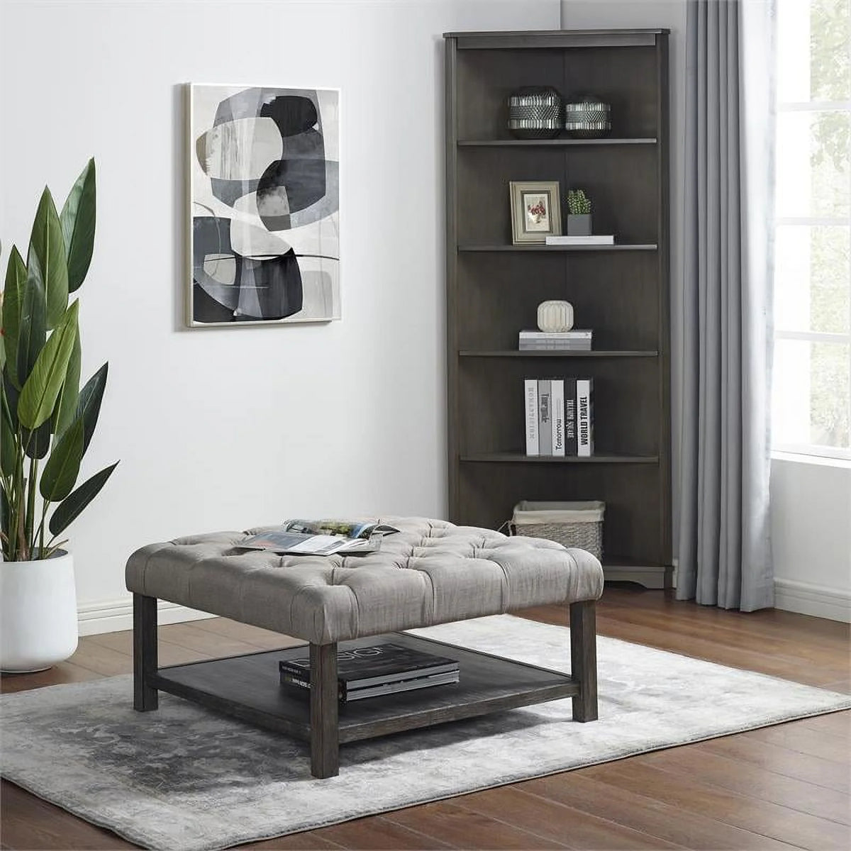 Wood Ottoman in Antique Washed Gray and Light Gray J8845