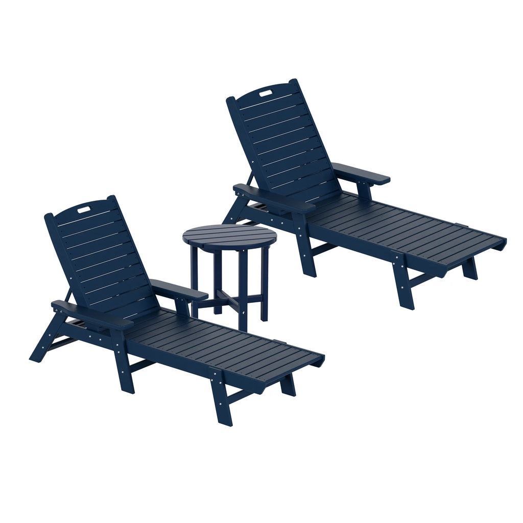 Navy Blue 3-Piece Plastic Outdoor Chaise Lounges with Side Table Y495159