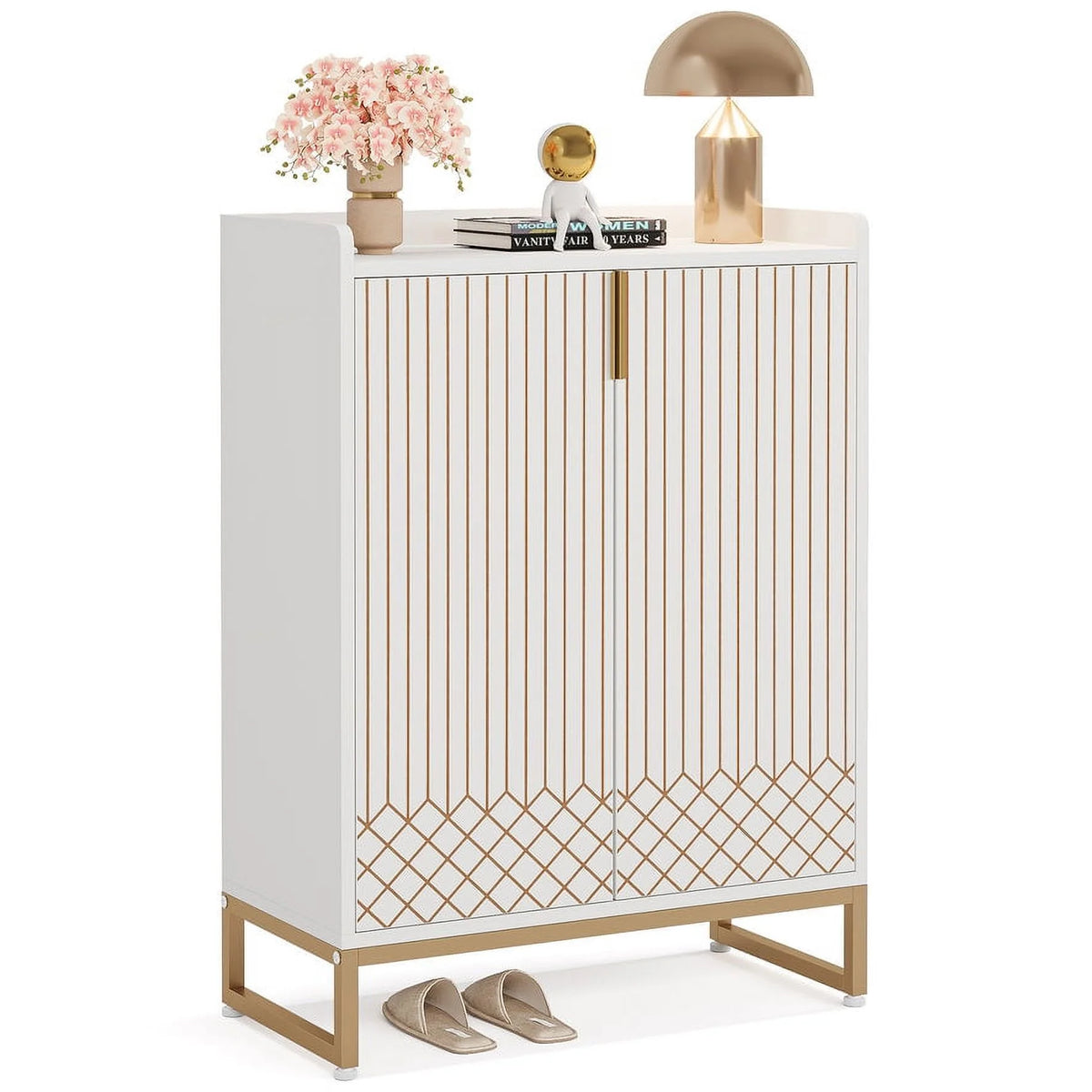 White and Gold 25 Pairs 5-Tier Shoe Cabinet D741956