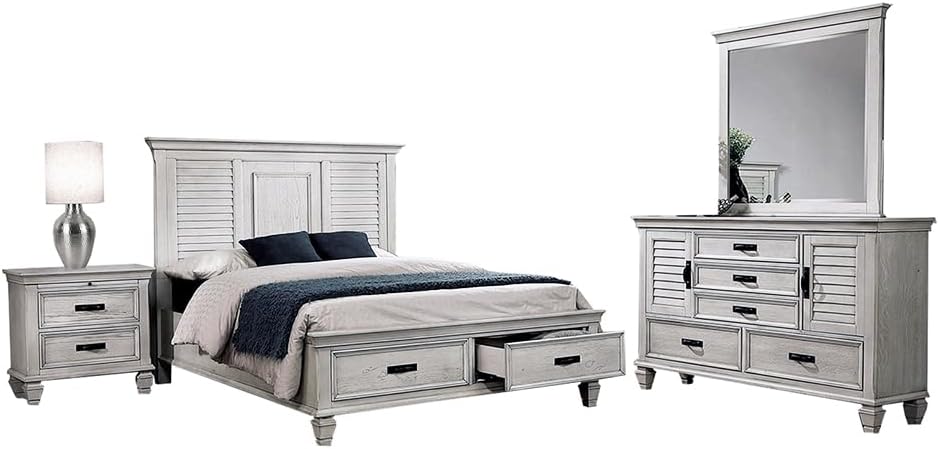 Queen Bed 4-Piece Set, Distressed White J5617