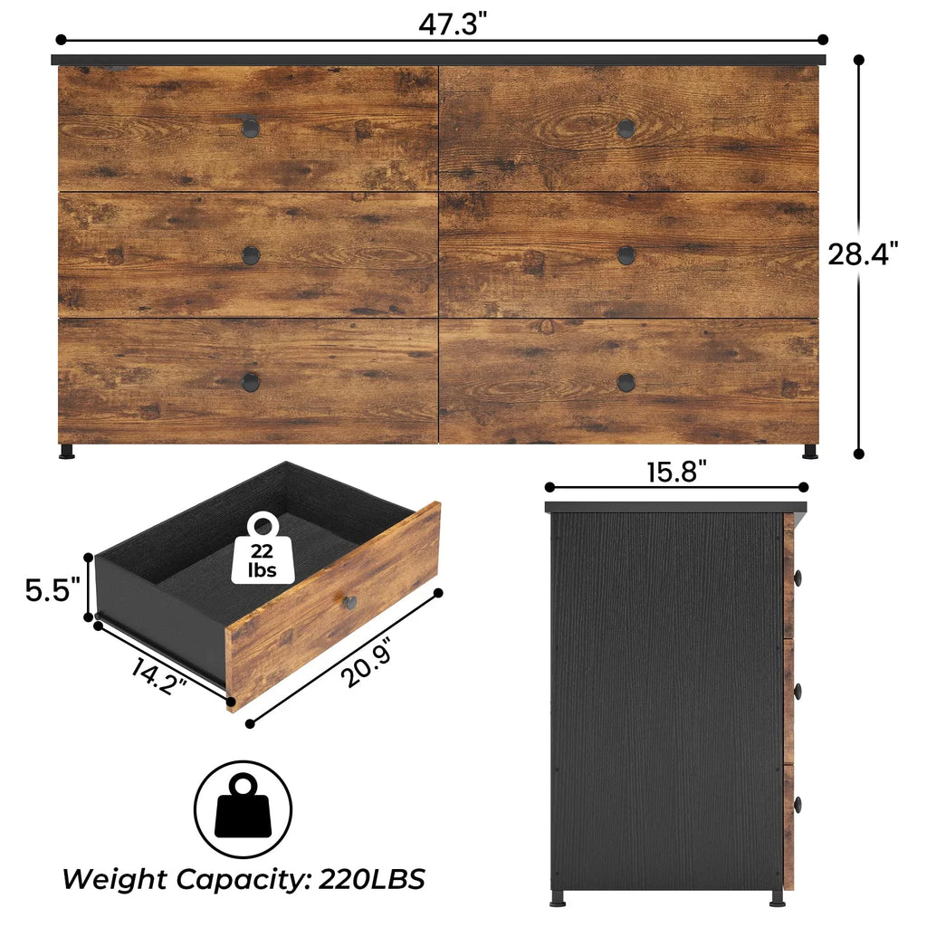 Brown 6 Drawer Double Dresser S238