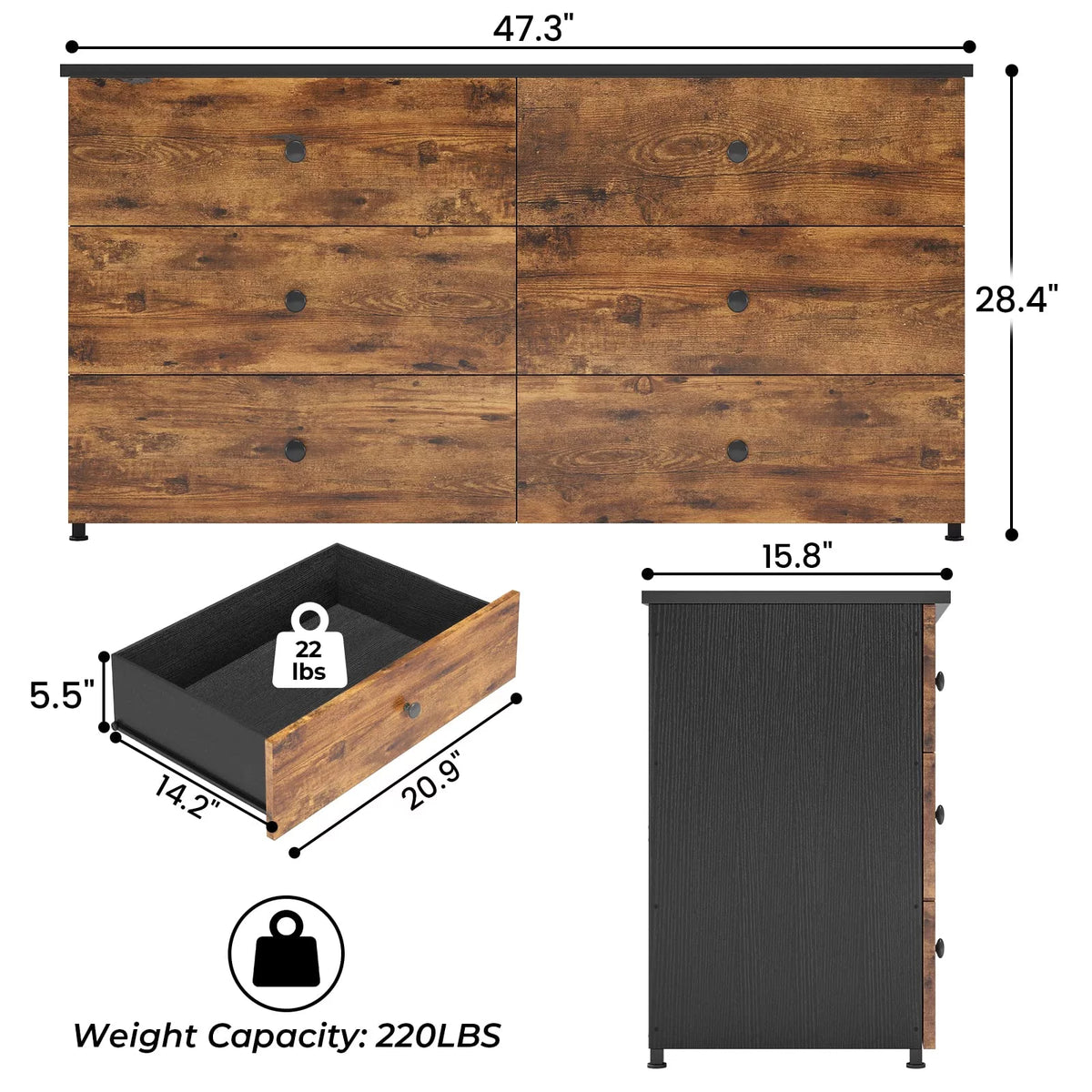 Brown 6 Drawer Double Dresser S238