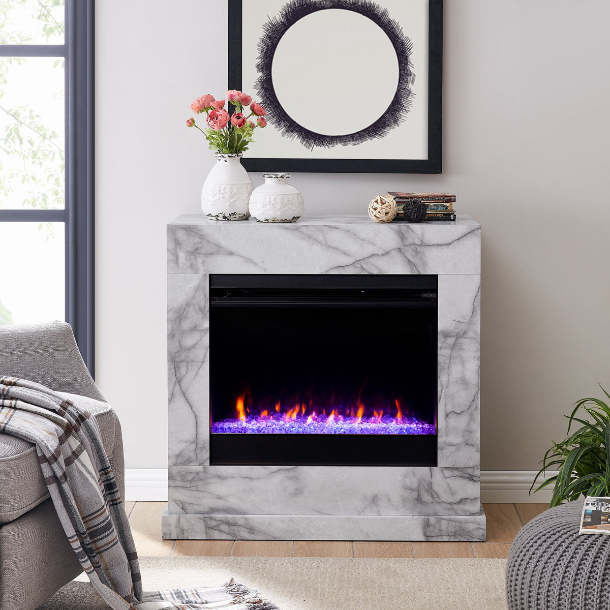 White Electric Fireplace with Faux Marble A762