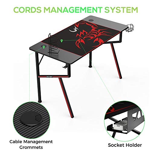 Black 47 Inch Gaming Desk with Mouse Pad Headset Hook Cup Holder Controller Stand Y8974