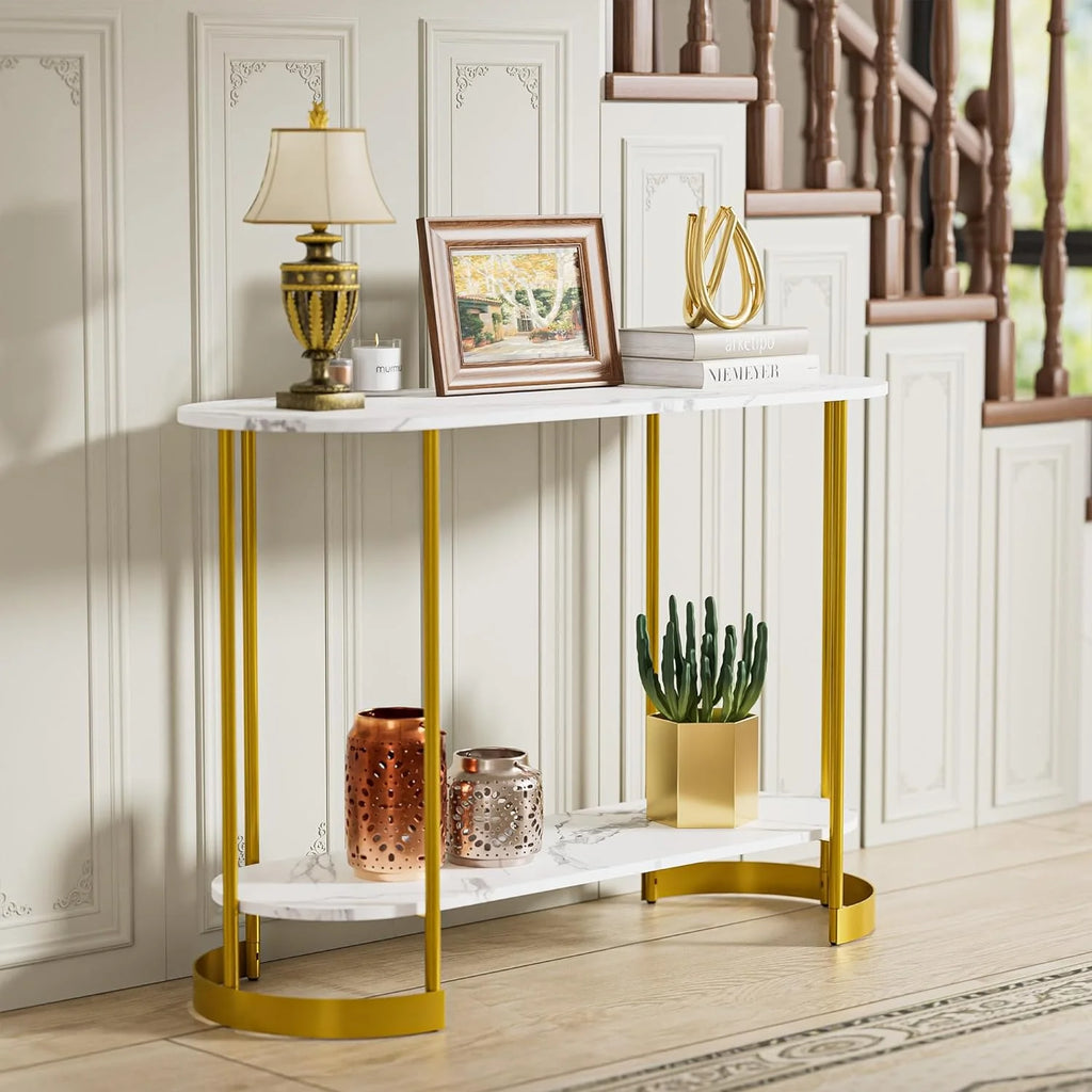 Gold 2-Tier Faux Marble Console Table T6847