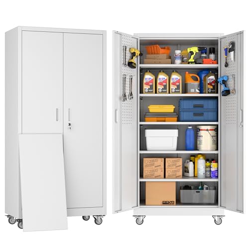 Lockable Metal Garage Storage Cabinet with Wheels and 4 Adjustable Shelves F690