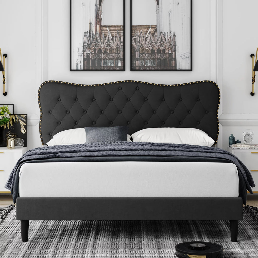 Queen Size Black Linen Upholstered Platform Bed H84229