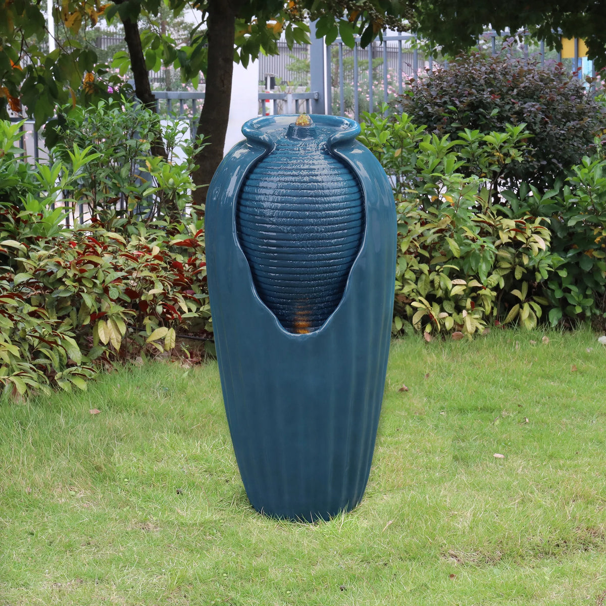 Blue Glazed Contoured Vase Water Fountain with LED Lights M947572