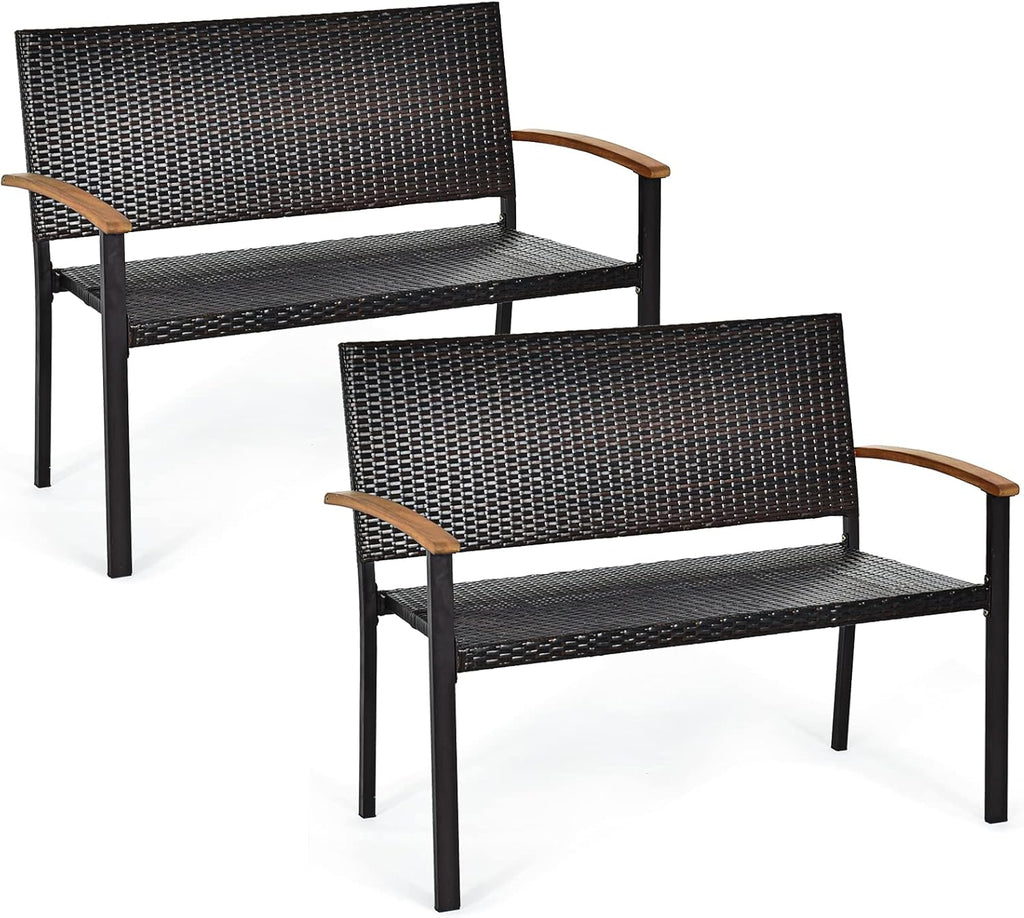 Wicker Rattan Bench with Acacia Wood Armrest P9323
