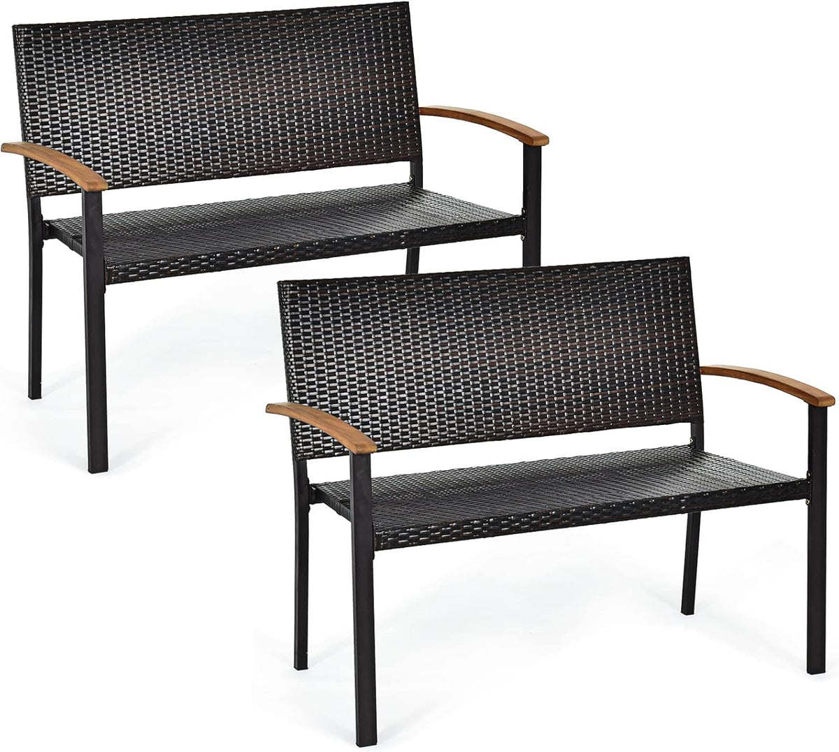 Wicker Rattan Bench with Acacia Wood Armrest P9323