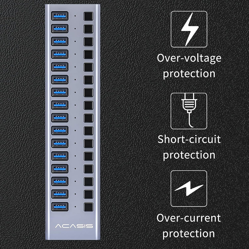 16 Ports USB 3.0 Powered Hub with Individual On/Off Switches and Power Adapter, Pack of 2 Q49717