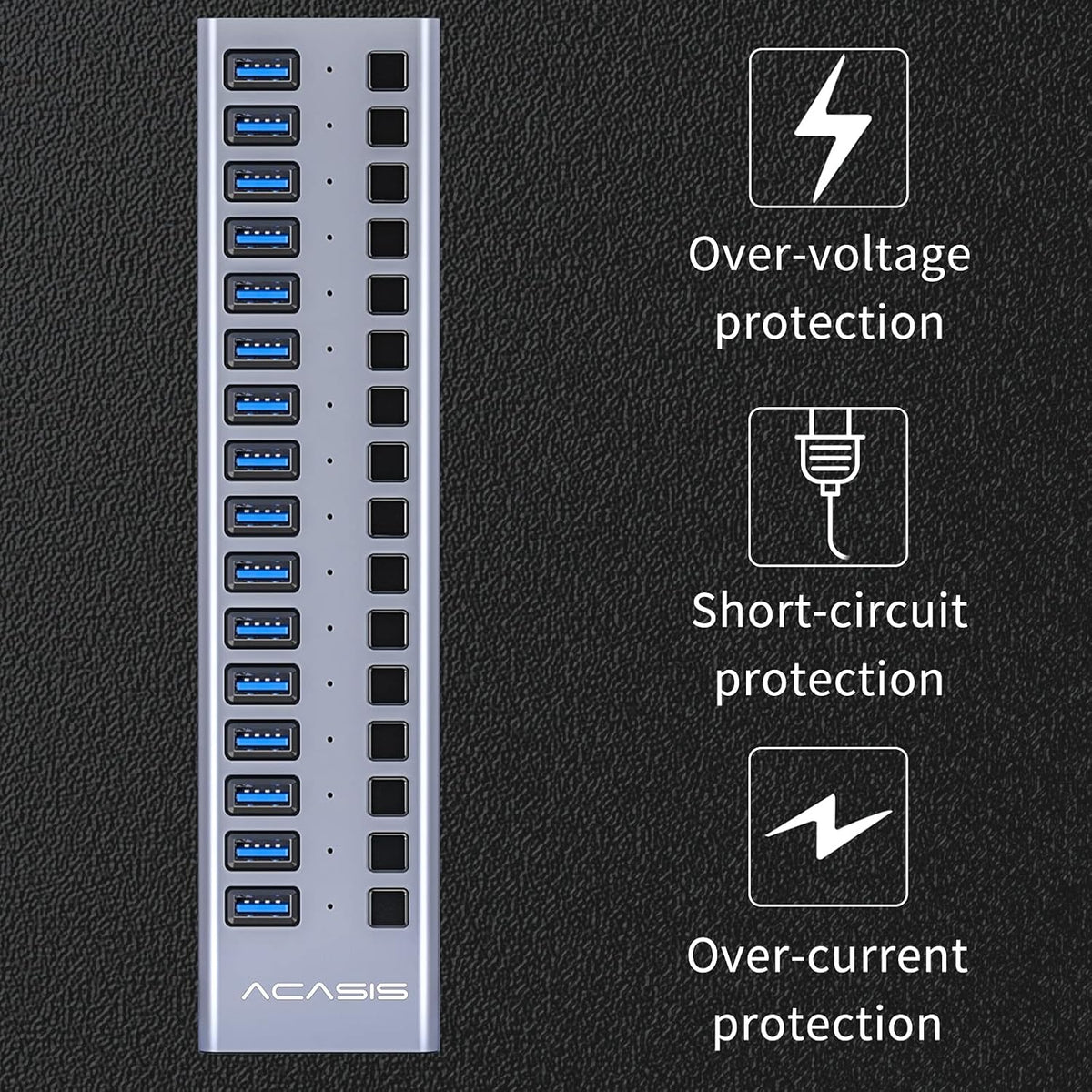 16 Ports USB 3.0 Powered Hub with Individual On/Off Switches and Power Adapter, Pack of 2 Q49717