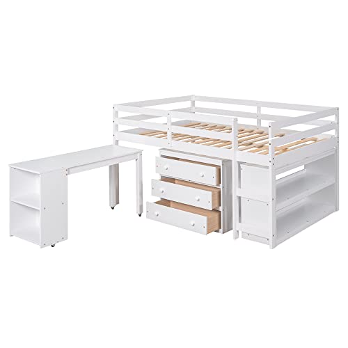 White Full High-Grade Pinewood Low Study Loft Bed with Desk, Cabinet, Bookshelf, Rolling Portable Desk, Full-Length Guardrail T412426