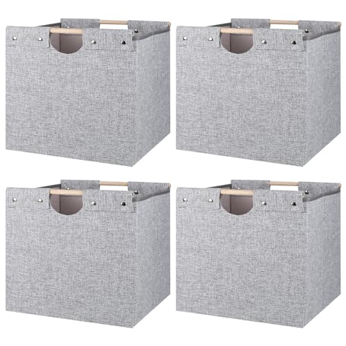 4 Pack Beige Fabric Storage Cubes with Wooden Handles C30129