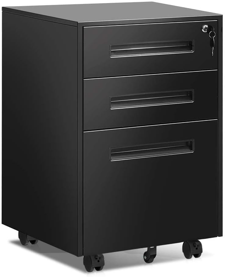 Black 3 Drawer Rolling Metal File Cabinet with Lock Q54126