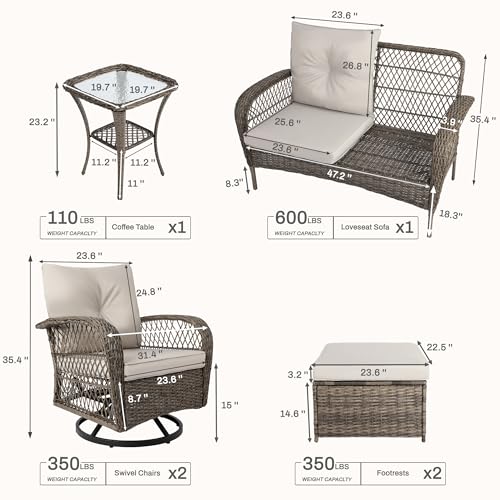 6 Pieces Patio Furniture Set Wicker Sofa with Swivel Rocking Chairs Ottoman Coffee Table Gray A444715