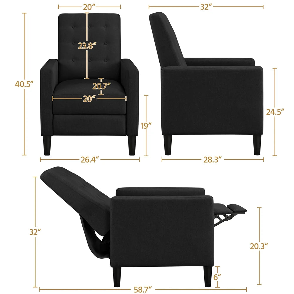 Black Fabric Tufted Recliner Chair with Adjustable Back & Footrest Y176490