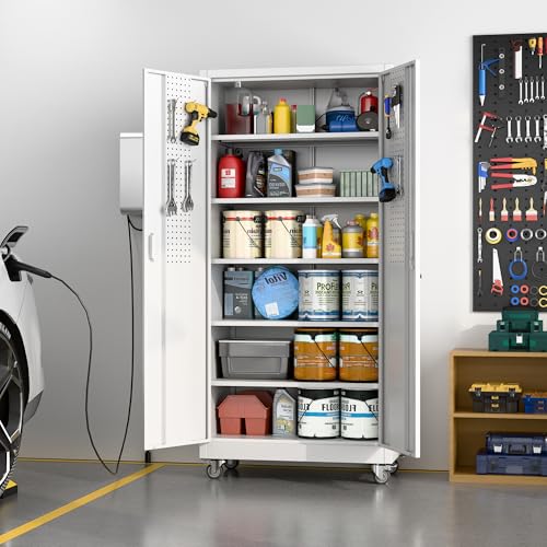 Lockable Metal Garage Storage Cabinet with Wheels and 4 Adjustable Shelves F690