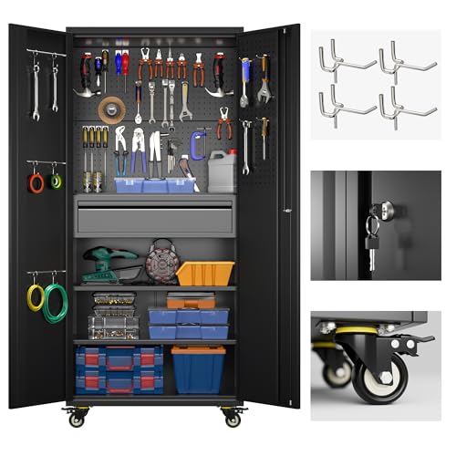 Lockable Metal Garage Storage Cabinet with Wheels and 4 Adjustable Shelves F690