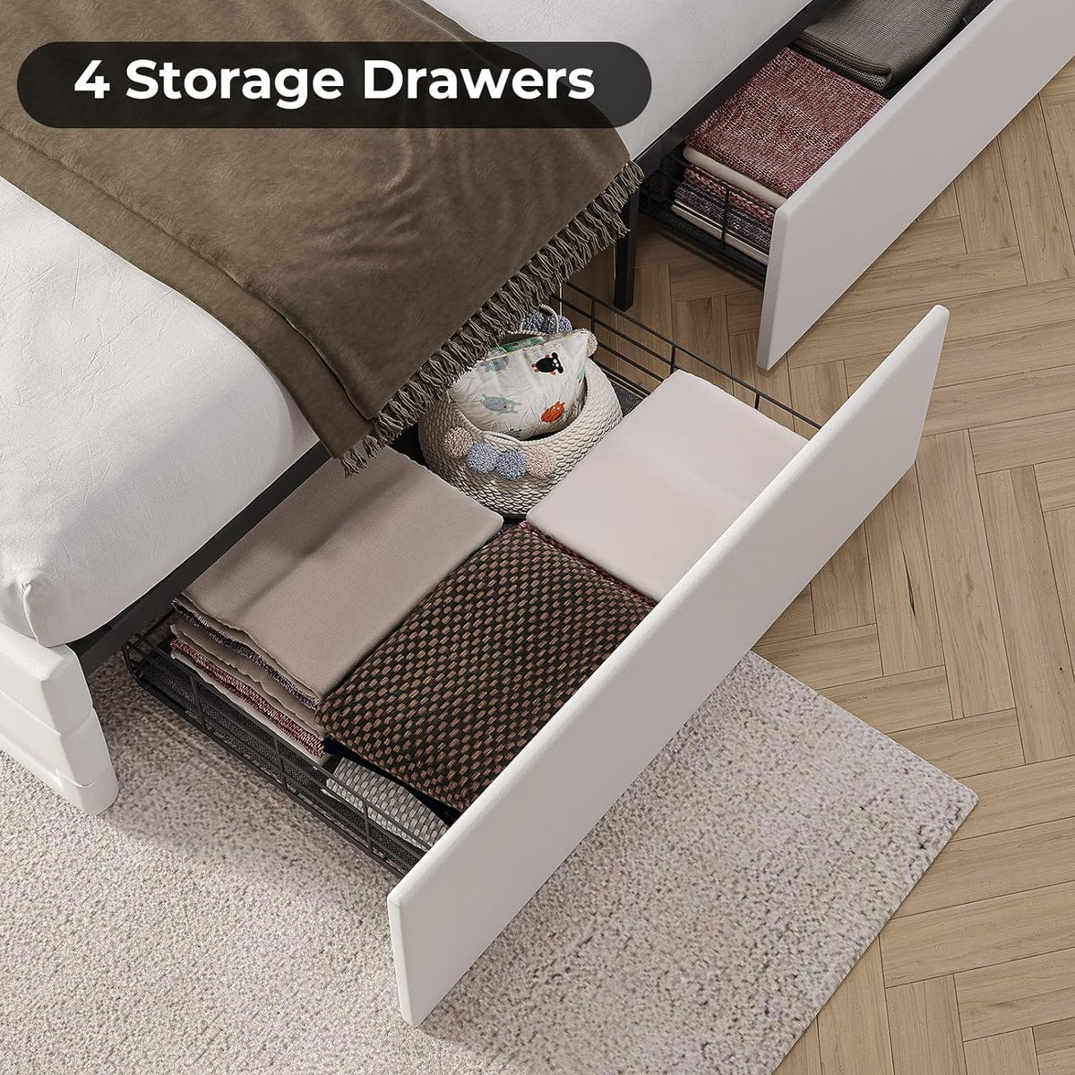 King Bed Frame with Storage Drawers, LED Lights, USB Port, White K4474