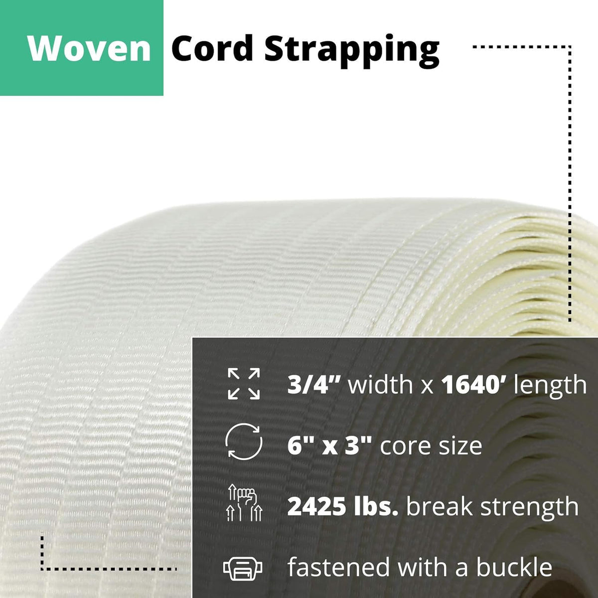 3/4" x 2100’ Woven Cord Strapping Roll, 900 lbs Break Strength, White I2436