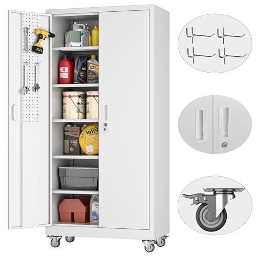 Lockable Metal Garage Storage Cabinet with Wheels and 4 Adjustable Shelves F690